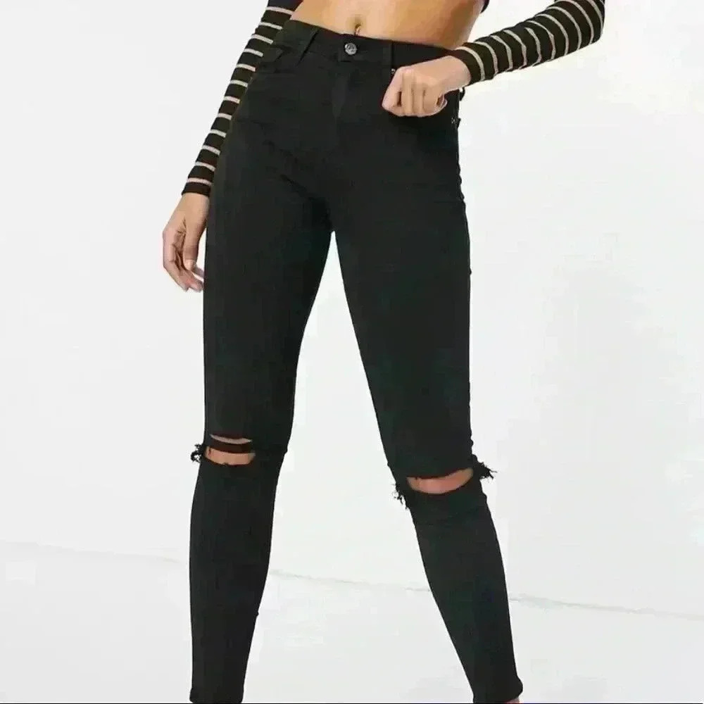 TopShop Black High Rise Distressed Skinny Jeans Size W28